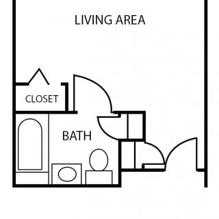 A simple floor plan depicting a living area, bath, and closet.