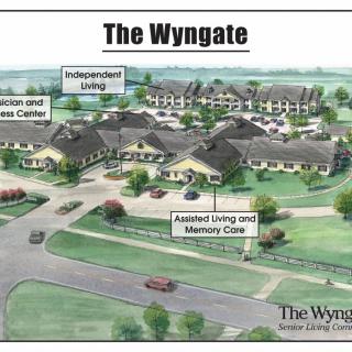 Illustration of The Wyngate, showcasing independent living, assisted living, and memory care facilities.
