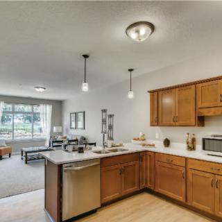Modern open-concept kitchen and living room with wood cabinetry and pendant lighting.