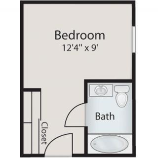 A simple floor plan featuring a bedroom, bathroom, and closet.