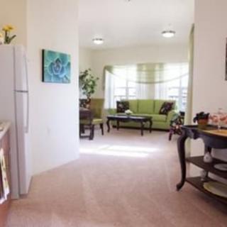 A bright and cozy living room with a view from the kitchen, featuring comfortable furniture and tasteful decor.