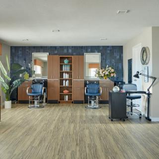 A modern beauty salon interior with styling chairs, mirrors, and decorative plants.