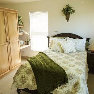 A cozy bedroom with a neatly made bed, soft pillows, and a green blanket.