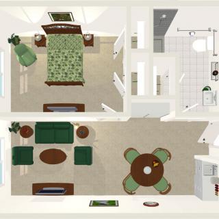 A detailed floor plan of a small apartment featuring a bedroom, living room, bathroom, and dining area.