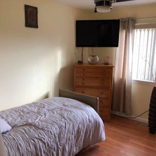 A cozy bedroom with a single bed, wall-mounted television, and a dresser next to a window with curtains.