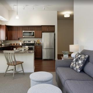 Modern open-concept living room and kitchen area with contemporary furniture and appliances.