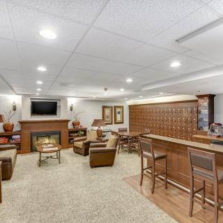 A cozy living room with a bar area, seating, fireplace, and television.