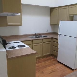 A kitchen with olive green cabinets, a white fridge, and an electric stove.