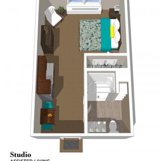 3D floor plan of a studio apartment showing furniture arrangement.