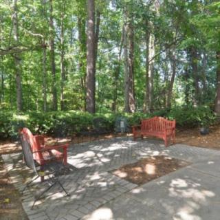 A serene park setting with benches surrounded by lush trees.