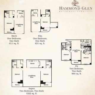 Floor plans of different apartment layouts at Hammond Glen, featuring one and two-bedroom options.
