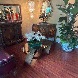 A cozy living room with elegant furniture and decor, featuring a glass coffee table, plants, and warm lighting.