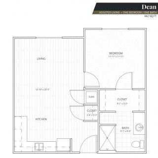 Floor plan of an apartment layout including a living area, kitchen, bedroom, and bathroom.