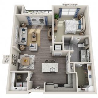 A 3D floor plan of a one-bedroom apartment featuring an open living area and modern interior design.