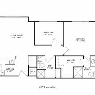 A floor plan of an apartment featuring two bedrooms, a kitchen, a living room, and two bathrooms.