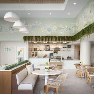 A modern and minimalist cafe interior with abundant greenery and natural light.