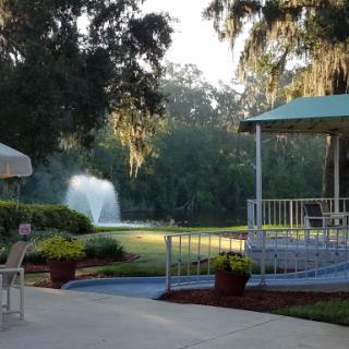 A peaceful morning scene in the park featuring a fountain and gazebo surrounded by lush greenery.