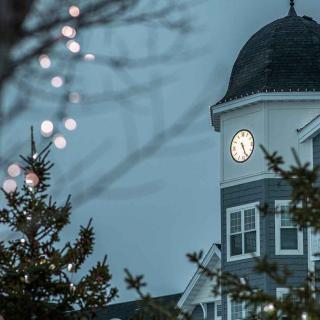 A clock tower next to trees adorned with holiday lights on an overcast evening.
