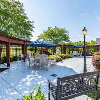 A sunny outdoor patio area with seating, umbrellas, and lush greenery.