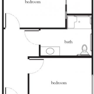 A simple floor plan showing a two-bedroom apartment with one bathroom.