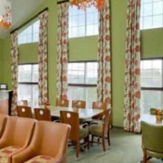 A modern dining area with large windows, green walls, and patterned curtains.