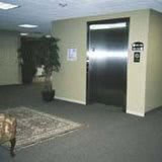 An office hallway with an elevator and indoor decor.