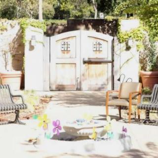 A sunny outdoor seating area with chairs near a decorative gate surrounded by plants.