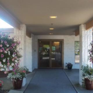 A welcoming entrance of a building adorned with potted flowers and plants.