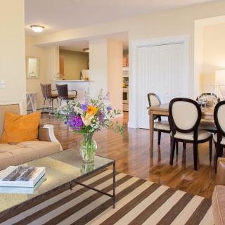 A modern open-concept living and dining area featuring hardwood floors, contemporary furniture, and a vase of colorful flowers.