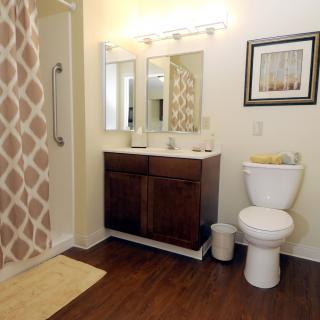 A modern bathroom interior with a sink, mirror, toilet, and shower curtain.