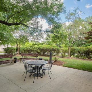 A serene outdoor patio area surrounded by lush greenery, perfect for gatherings or quiet moments.
