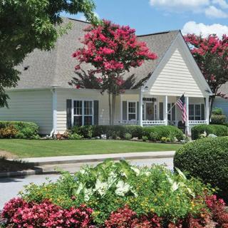 A charming suburban house surrounded by a well-maintained garden with colorful flowers and trees.