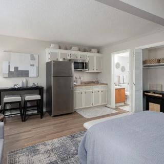 A modern studio apartment with a kitchenette, cozy bedroom area, and stylish decor.