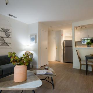 A cozy and modern apartment interior featuring a living area with stylish furniture and an open kitchen.