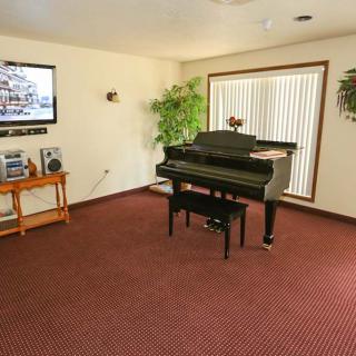 A cozy living room featuring a piano, TV, and house plants.