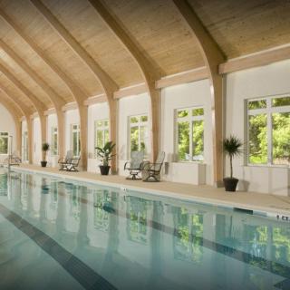 A luxurious indoor pool area bathed in natural light, featuring elegant architecture and greenery.