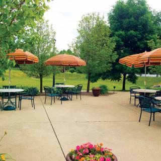 A tranquil outdoor patio with tables, chairs, and umbrellas surrounded by lush greenery.