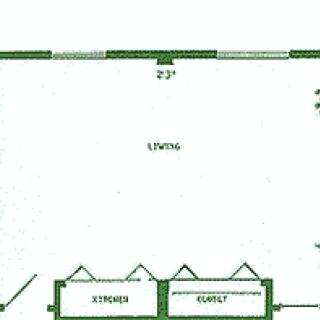 A simple floor plan showing a living area with adjacent spaces for storage and a supply room.