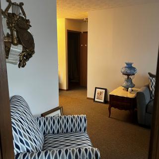 A cozy living room with patterned armchair and side table featuring a lamp.