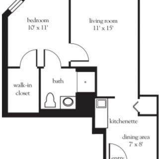 A floor plan of an apartment featuring a bedroom, living room, kitchen, bathroom, walk-in closet, and dining area.