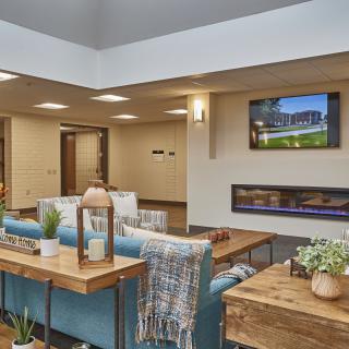 A modern living room featuring a cozy fireplace, stylish furniture, and decorative plants.