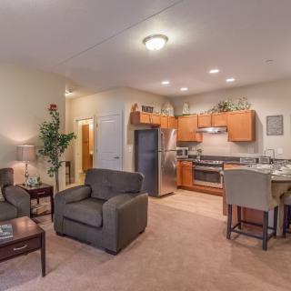 A cozy open-plan living room and kitchen area with modern furnishings.