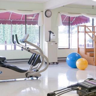 A bright gym area with an elliptical machine and exercise balls.
