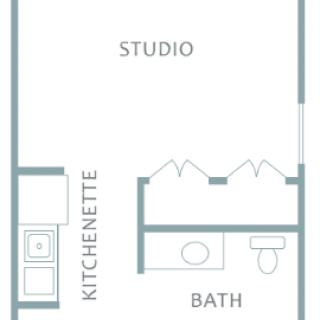 Floor plan of a studio apartment with kitchenette and bathroom.
