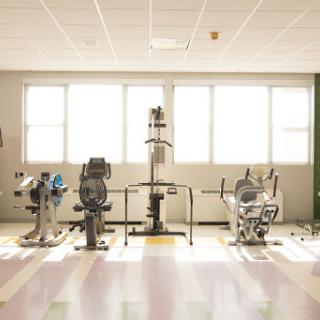 A bright and airy fitness space featuring various exercise machines.