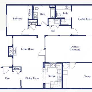 A floor plan depicting the layout of a house with multiple rooms and an outdoor courtyard.