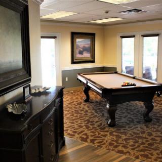 A well-lit recreation room featuring a pool table, carpeted floor, and framed artwork on the walls.