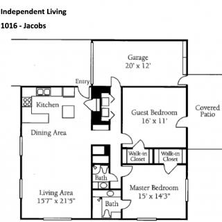 Independent Living Floor Plan: Two-bedroom apartment layout with a garage and covered patio.