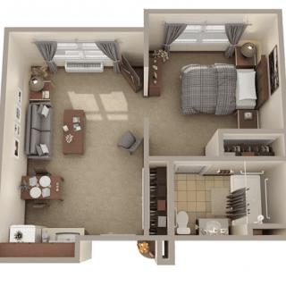 A detailed floor plan of a one-bedroom apartment featuring a living room, kitchen, and bathroom.
