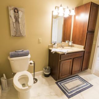 A clean and well-organized bathroom with a toilet, sink, and wooden cabinets.